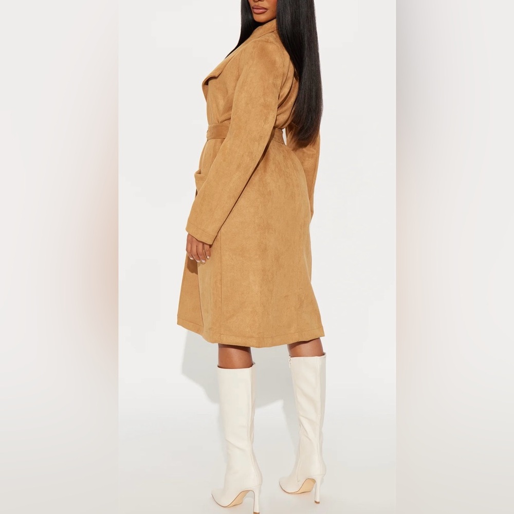 Tan Faux Suede Collar Belted Front Pocket Trench Coat - Picture 9 of 11